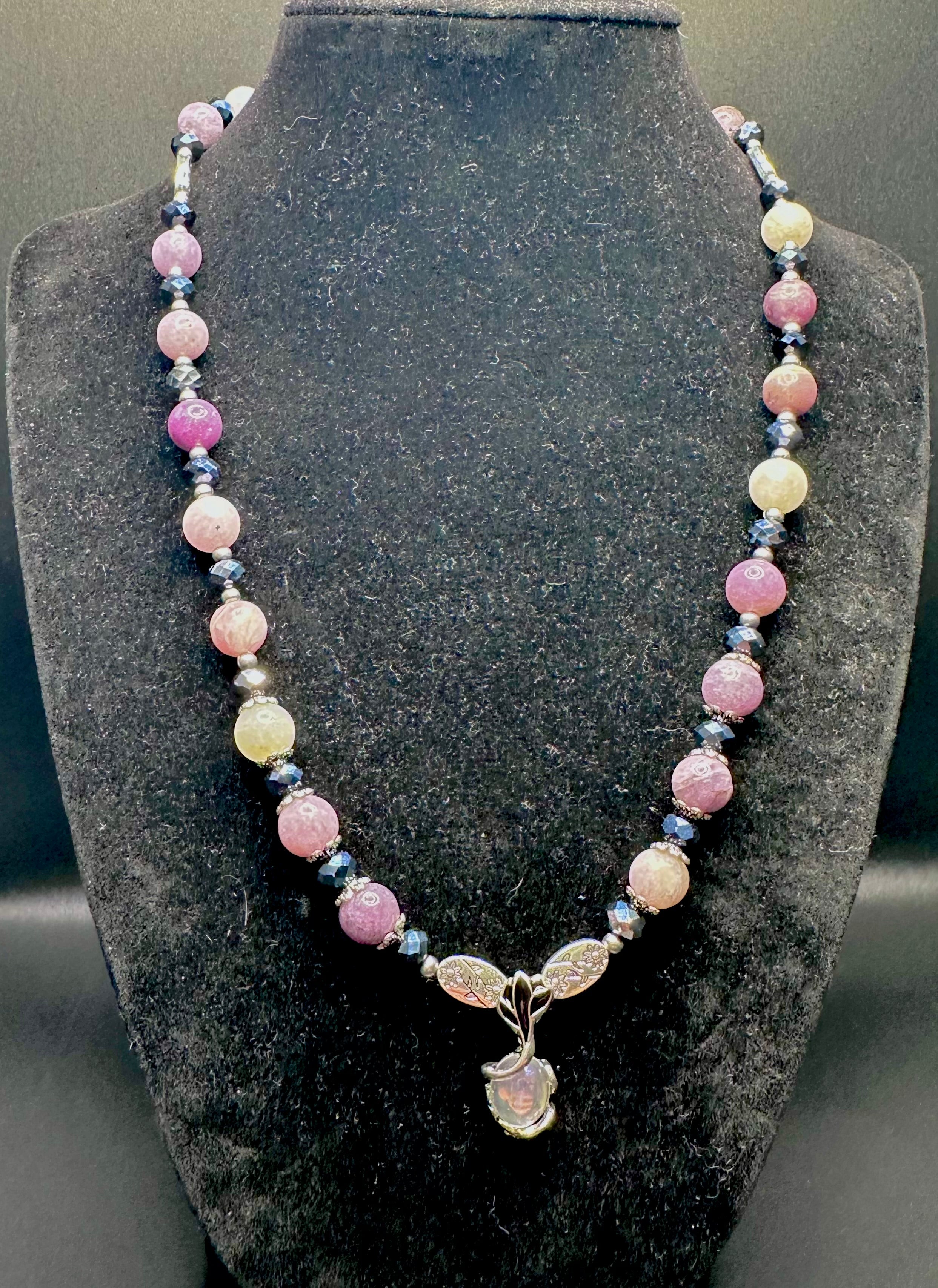 Lepedolite, Crystal and Stainless Steel w/Moonstone Pendant Necklace