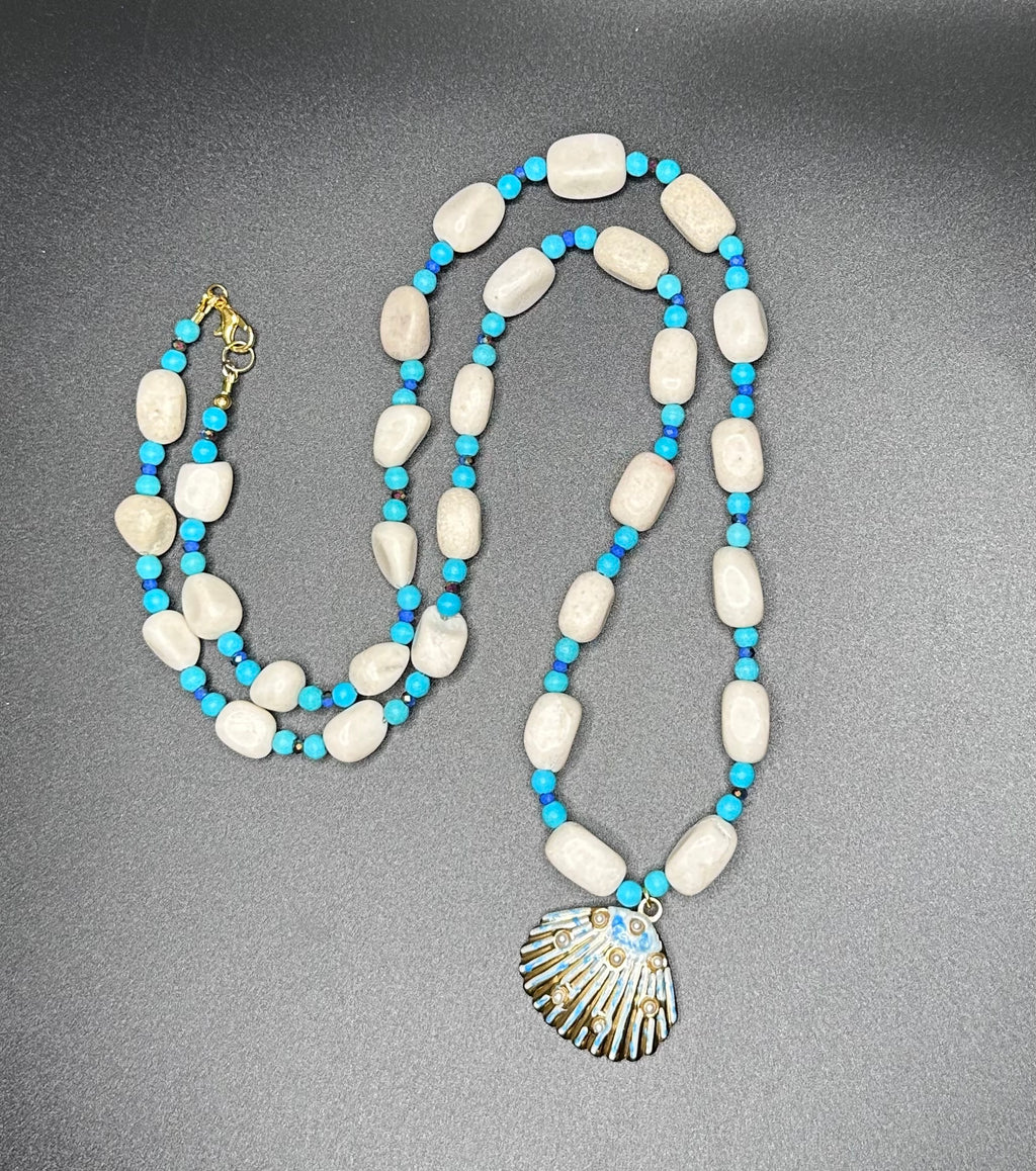 Natural White Stone and Turquoise with Shell Pendant