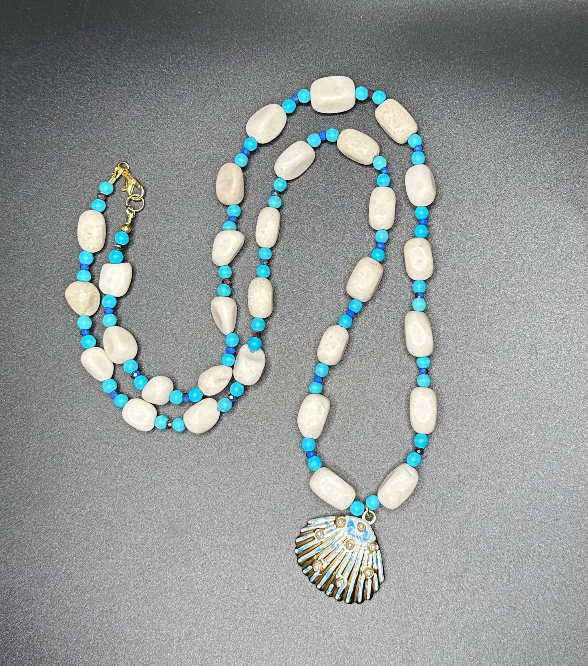 Natural White Stone and Turquoise with Shell Pendant