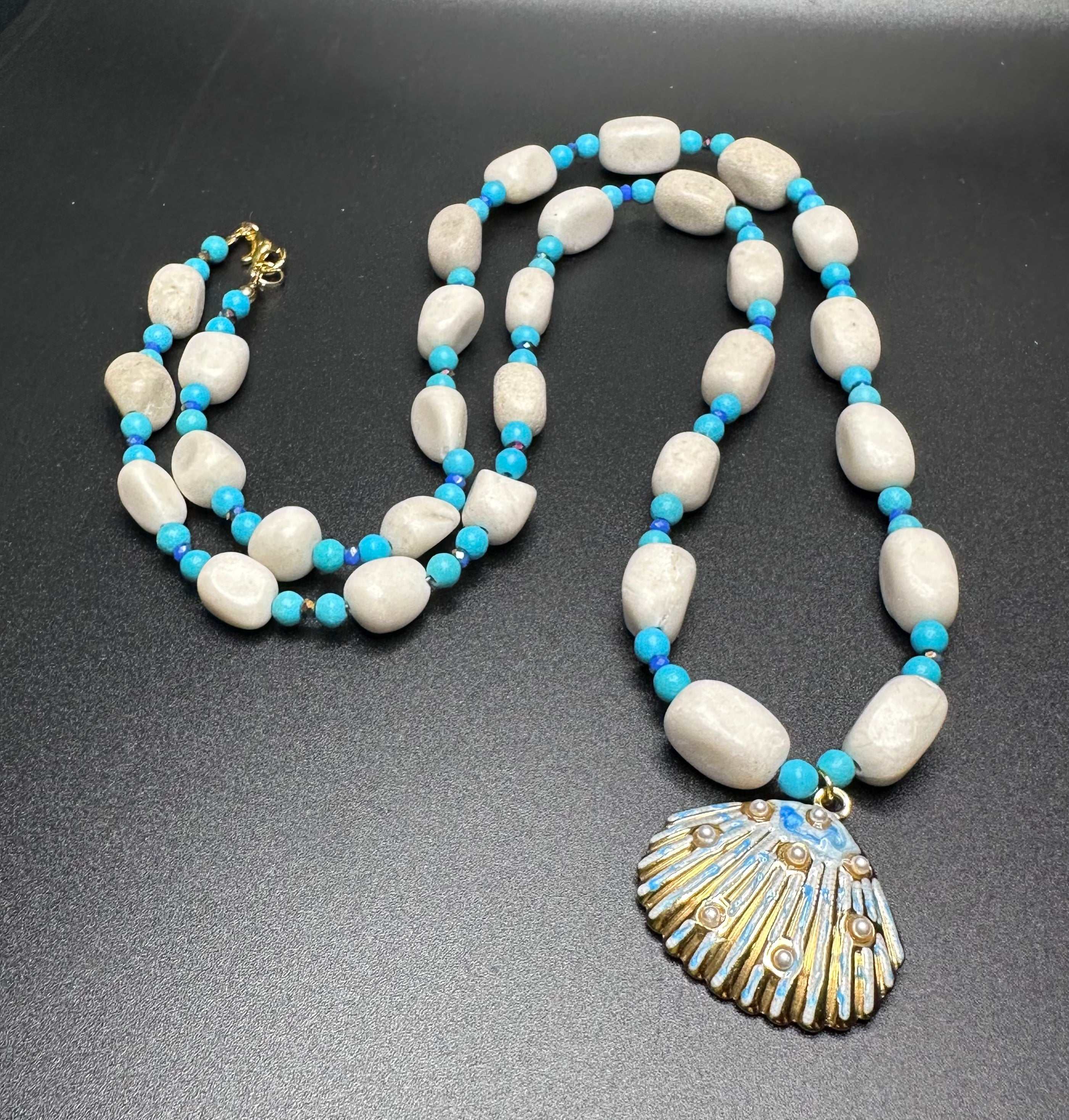 Natural White Stone and Turquoise with Shell Pendant