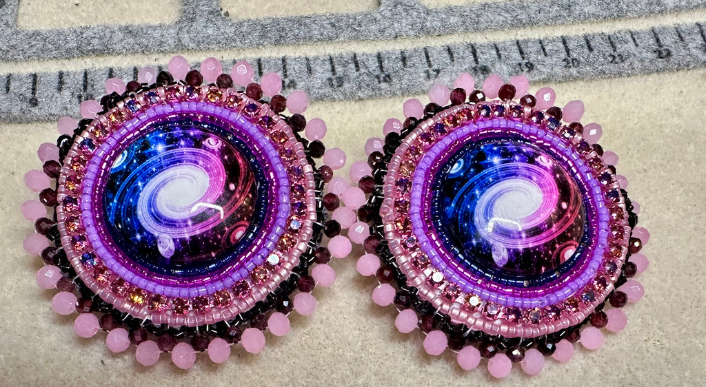 Pink Galaxy Cabochon Earrings – Garnet Edge, Rhinestones & Leather Backing