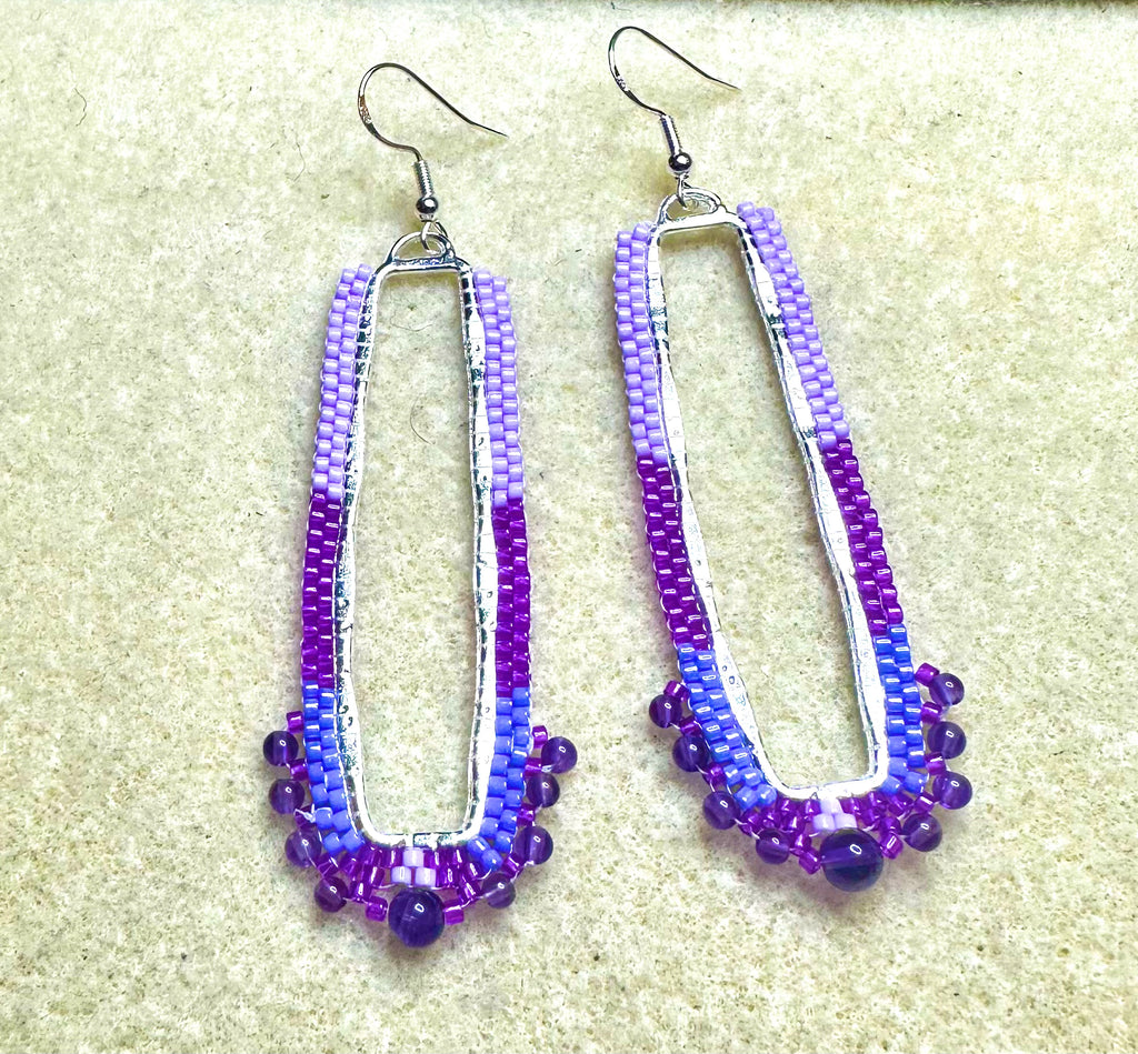 Gradient Purple Rectangle Beaded Earrings with Amethyst