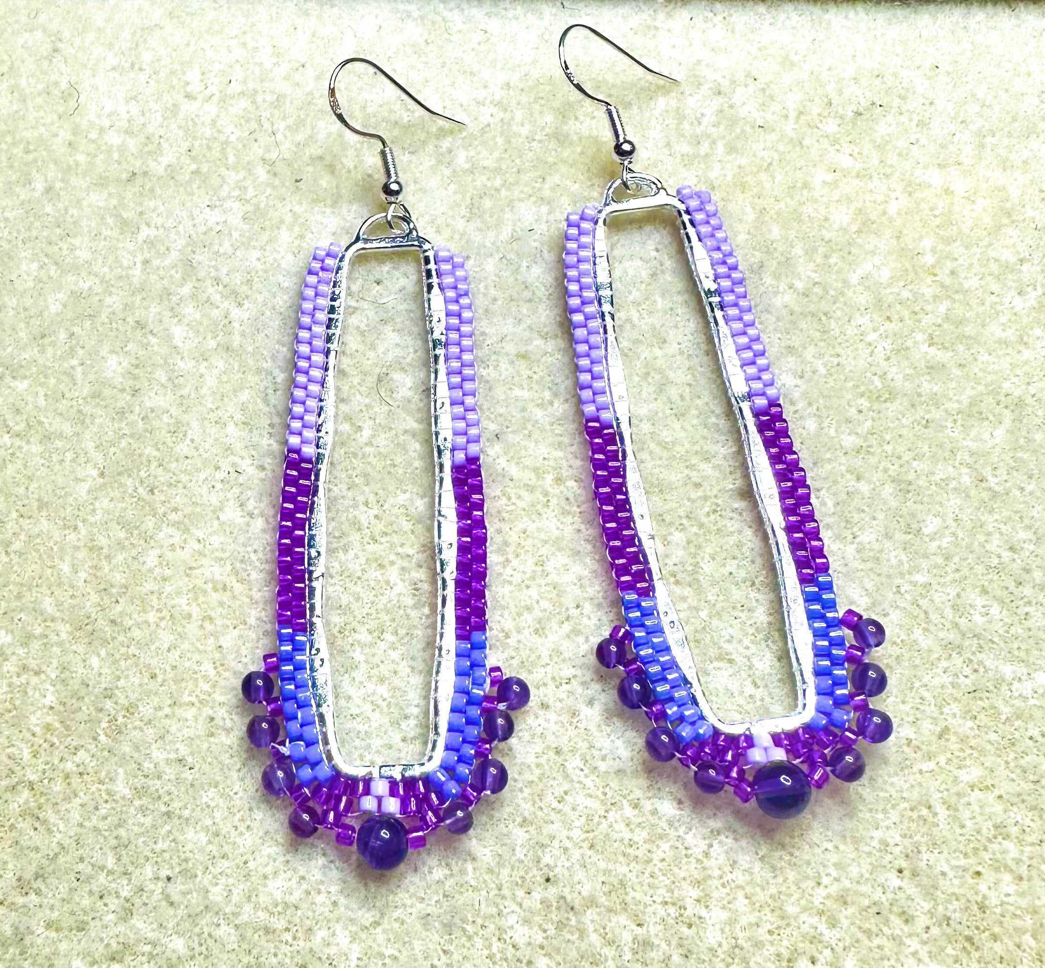 Gradient Purple Rectangle Beaded Earrings with Amethyst
