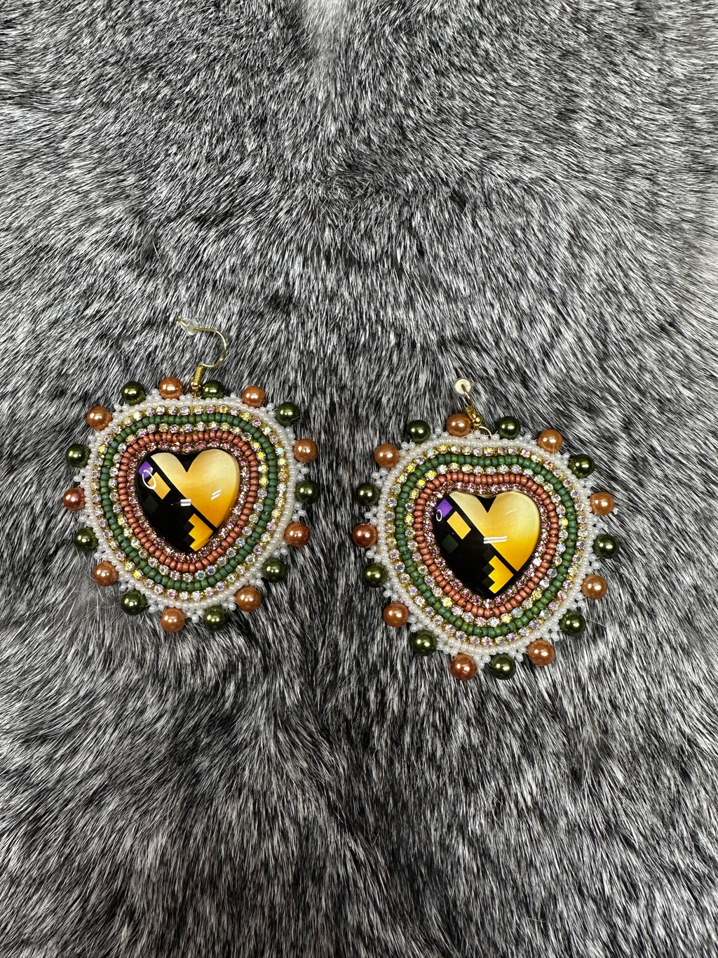 Beaded Cabochon Heart Earrings