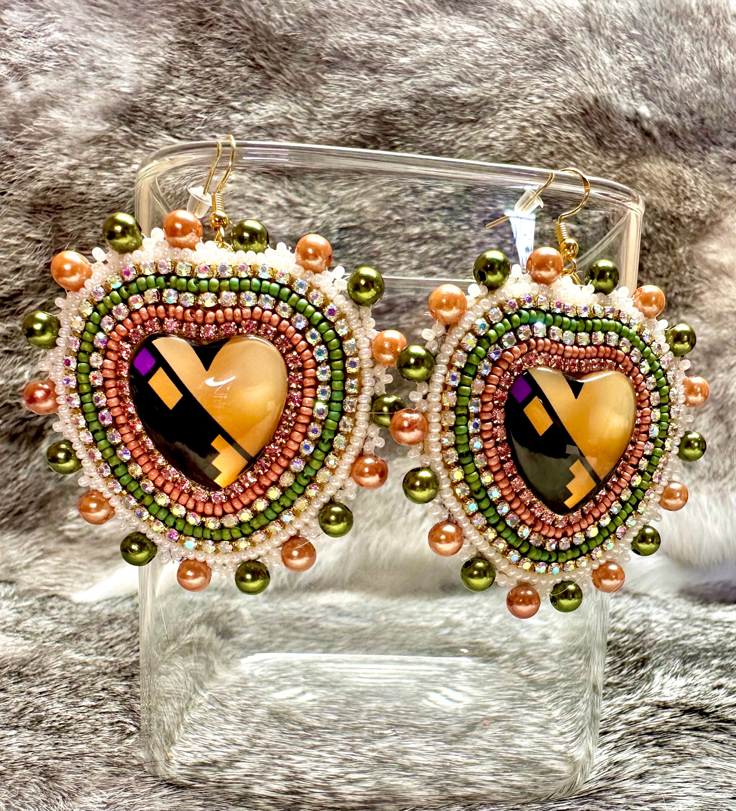 Beaded Cabochon Heart Earrings