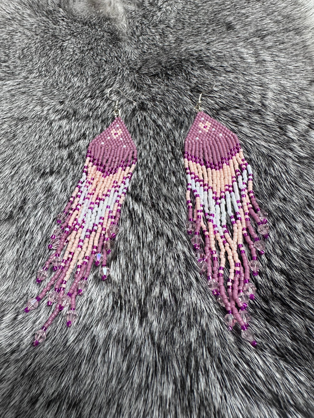 Mauve & Magenta Brick Stitch Fringe Earrings with Heart Pattern