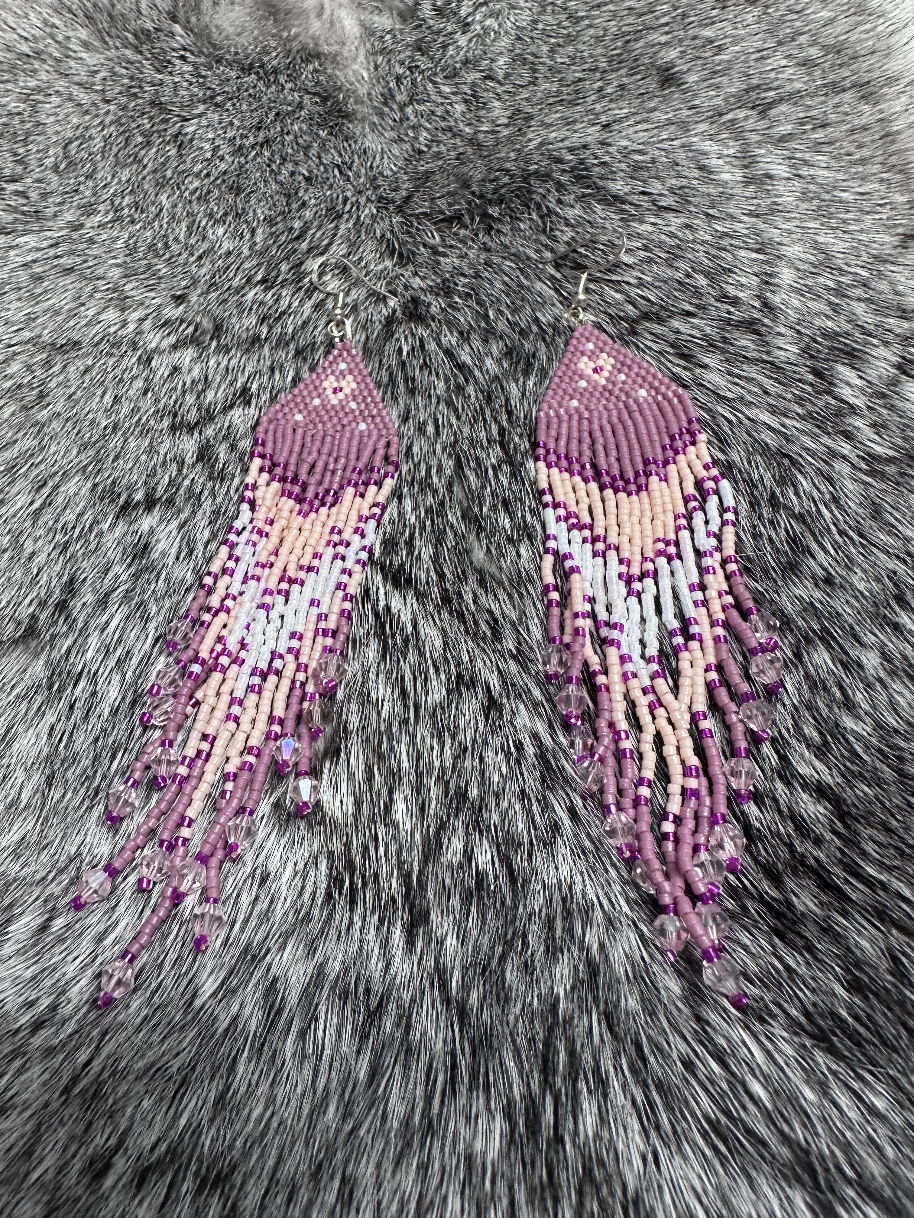 Mauve & Magenta Brick Stitch Fringe Earrings with Heart Pattern