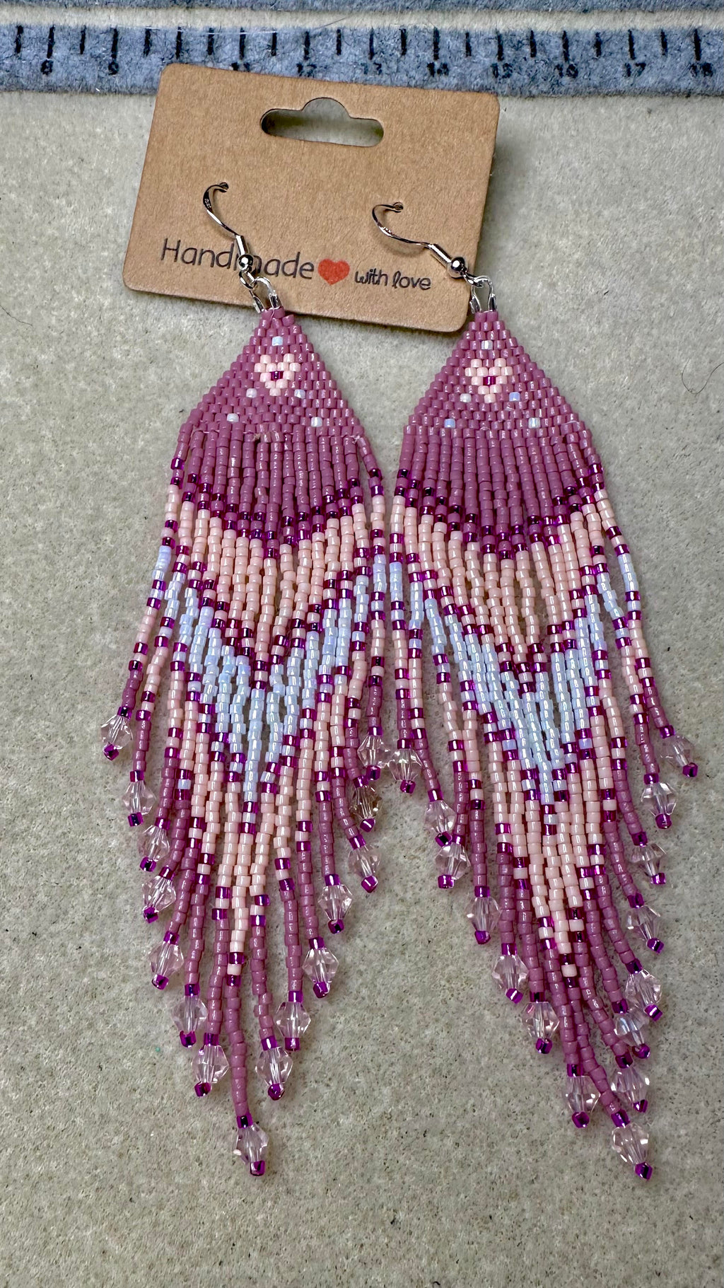 Mauve & Magenta Brick Stitch Fringe Earrings with Heart Pattern
